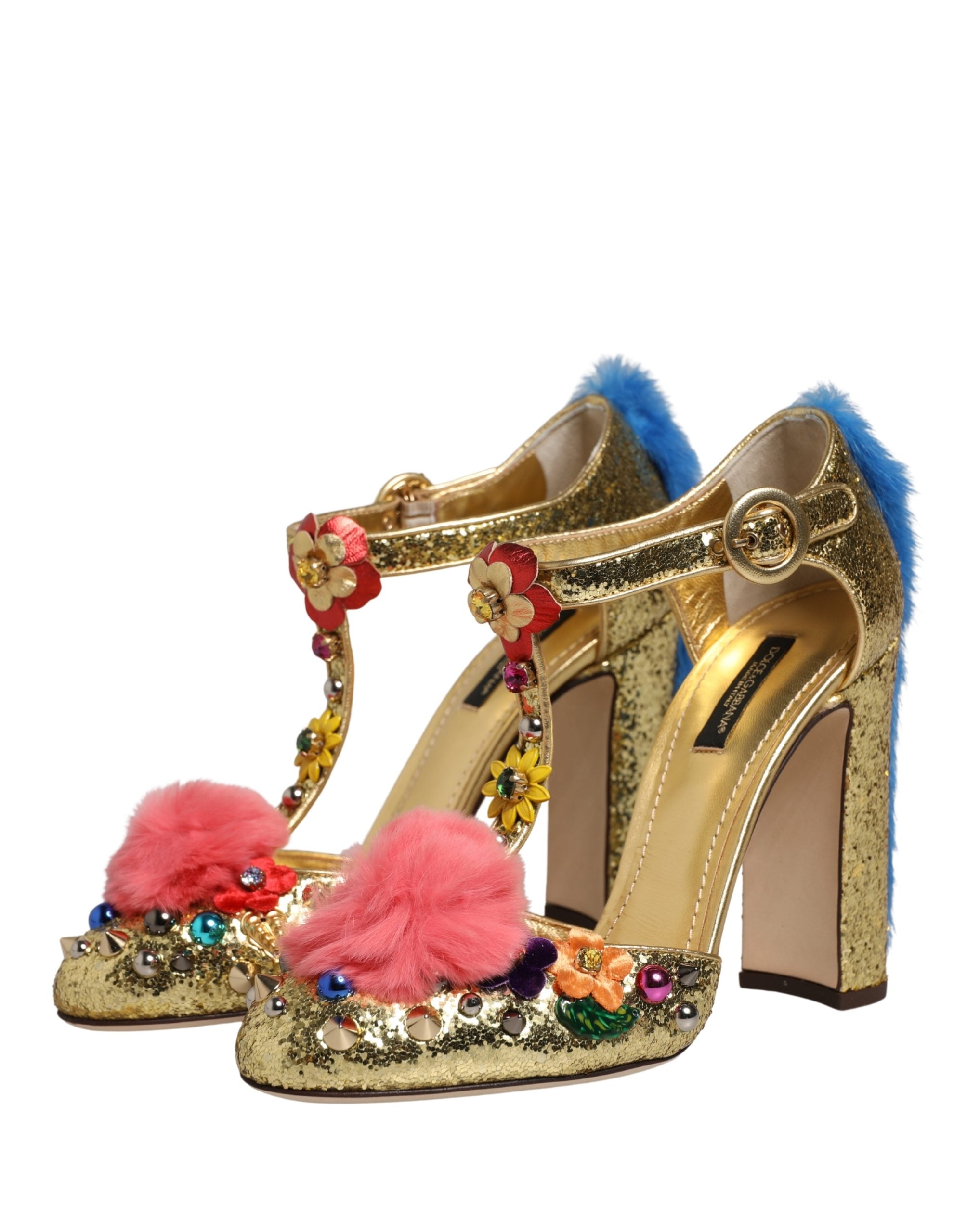 Dolce & Gabbana Sandali con cinturino a T e bordo in pelliccia, dorati e glitterati