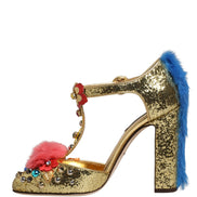 Dolce & Gabbana Sandali con cinturino a T e bordo in pelliccia, dorati e glitterati