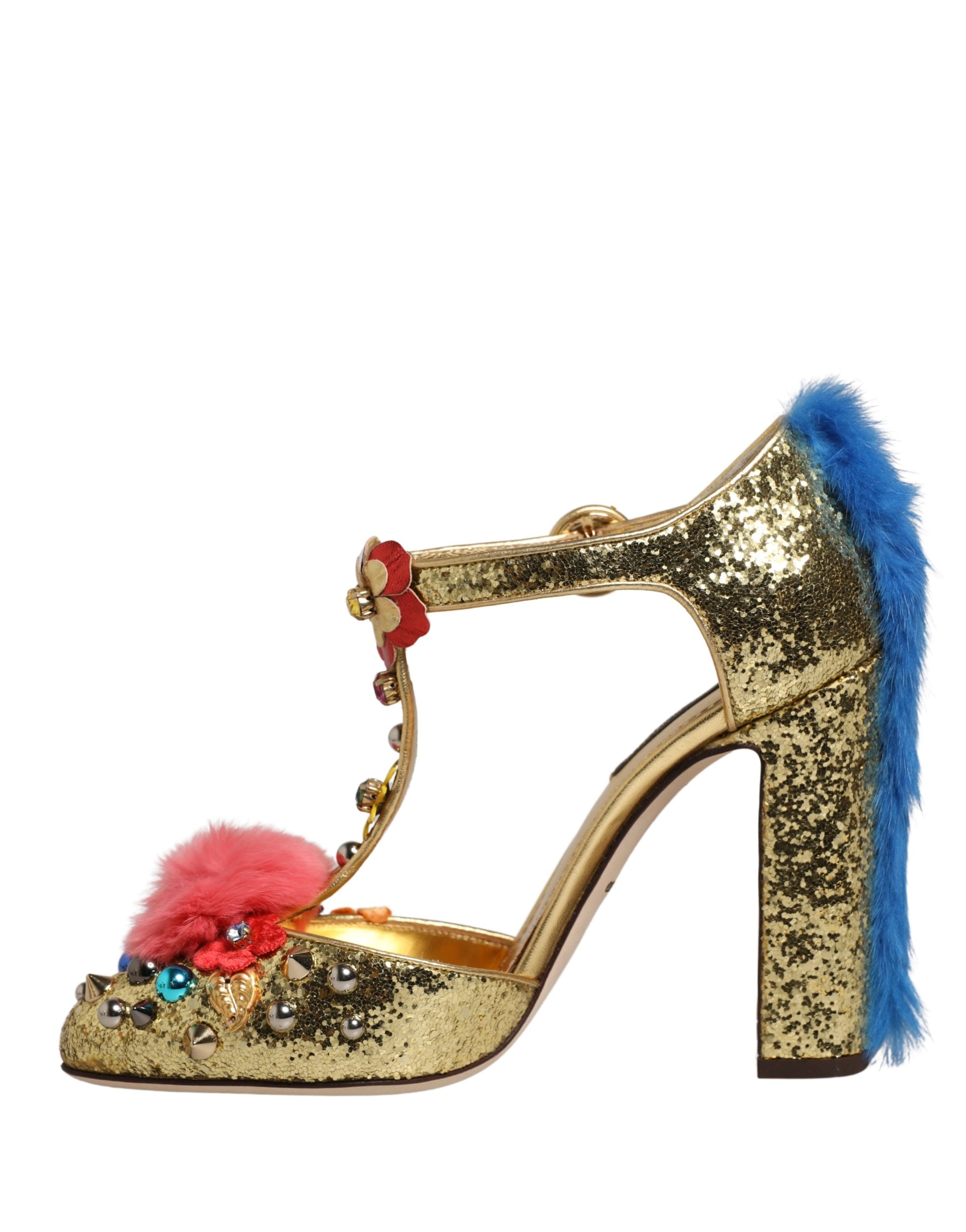 Dolce & Gabbana Sandali con cinturino a T e bordo in pelliccia, dorati e glitterati