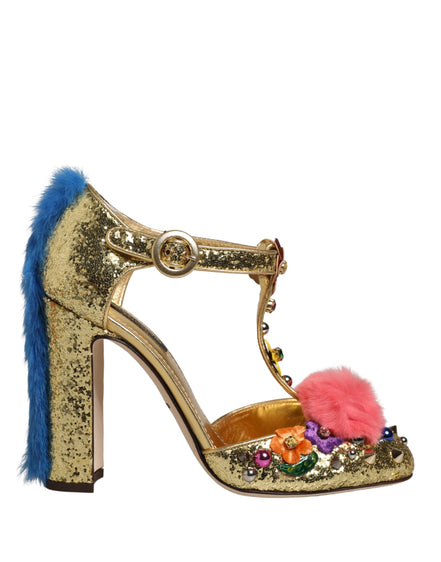 Dolce & Gabbana Sandali con cinturino a T e bordo in pelliccia, dorati e glitterati