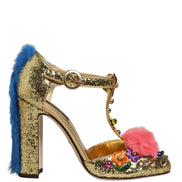 Dolce & Gabbana Sandali con cinturino a T e bordo in pelliccia, dorati e glitterati