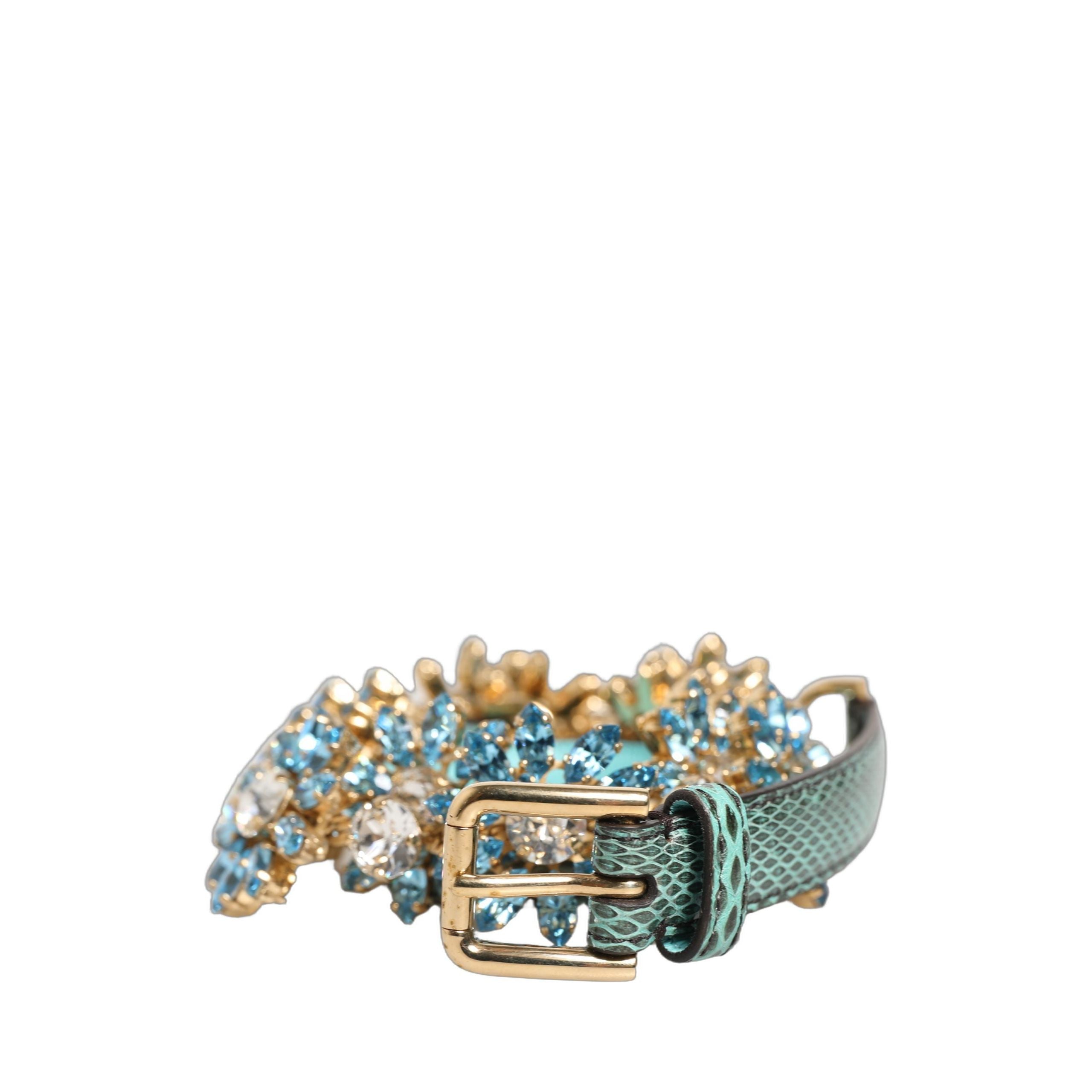 Dolce & Gabbana Green Leather Daisy Crystal Embellished Waist Belt