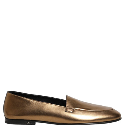 Dolce & Gabbana Gold Leather DG Logo Slip On Men Loafers Shoes
