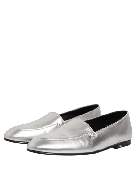 Dolce & Gabbana Silver Leather DG Logo Slip-On Loafers