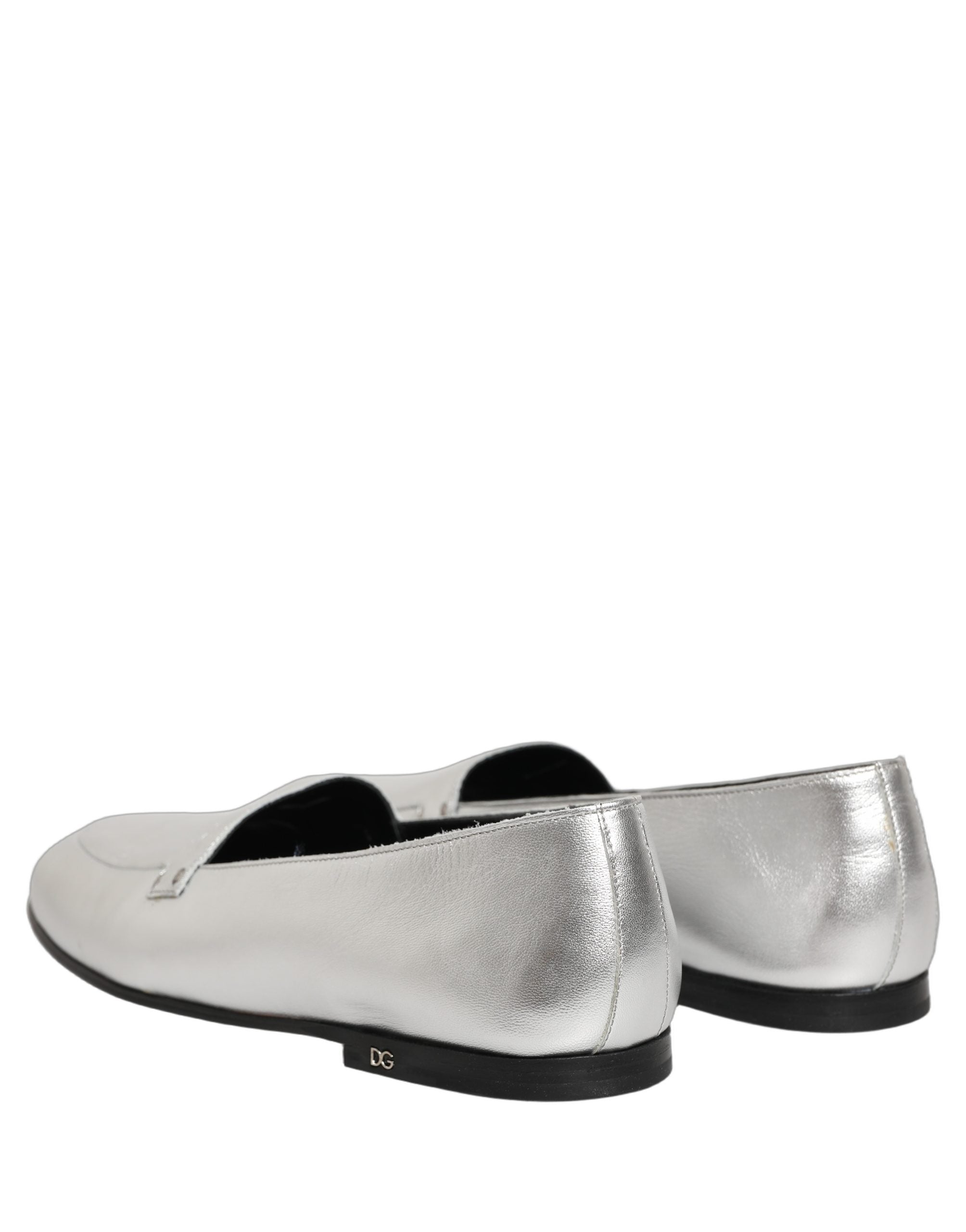 Dolce & Gabbana Silver Leather DG Logo Slip-On Loafers