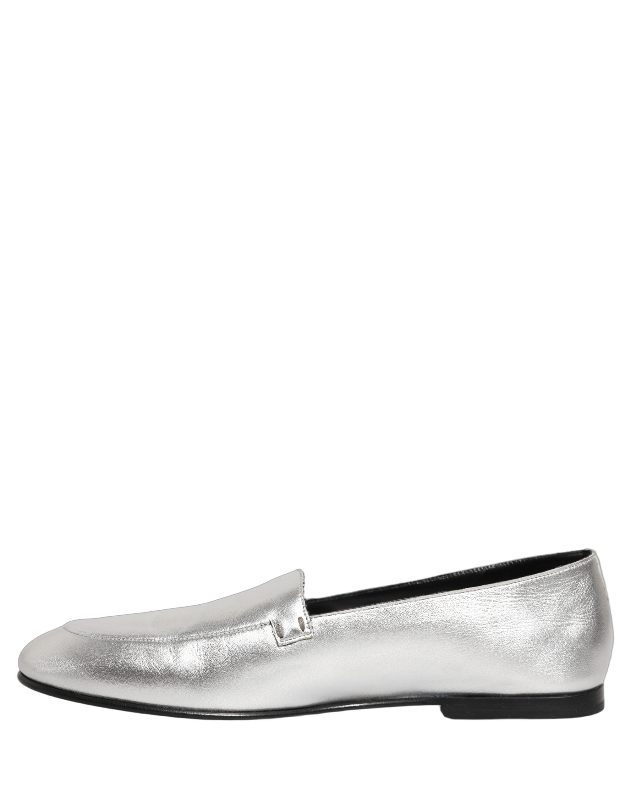 Dolce & Gabbana Silver Leather DG Logo Slip-On Loafers