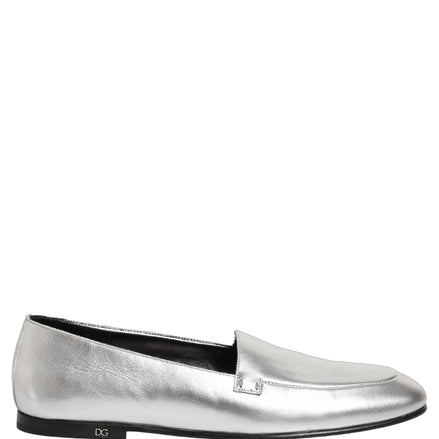 Dolce & Gabbana Silver Leather DG Logo Slip On Loafers Shoes