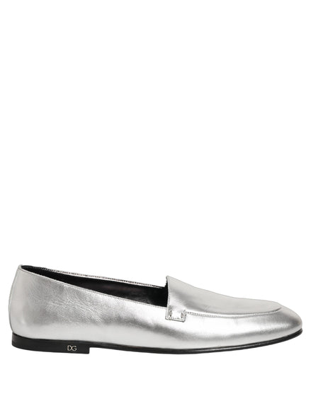 Dolce & Gabbana Silver Leather DG Logo Slip-On Loafers