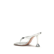 Amina Muaddi Silver Calf Leather Stiletto Heel Sandals