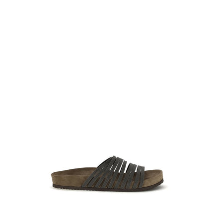 Brunello Cucinelli Black Calf Leather Flat Sandals