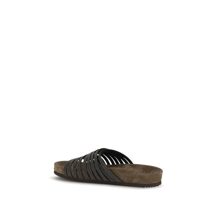 Brunello Cucinelli Black Calf Leather Flat Sandals