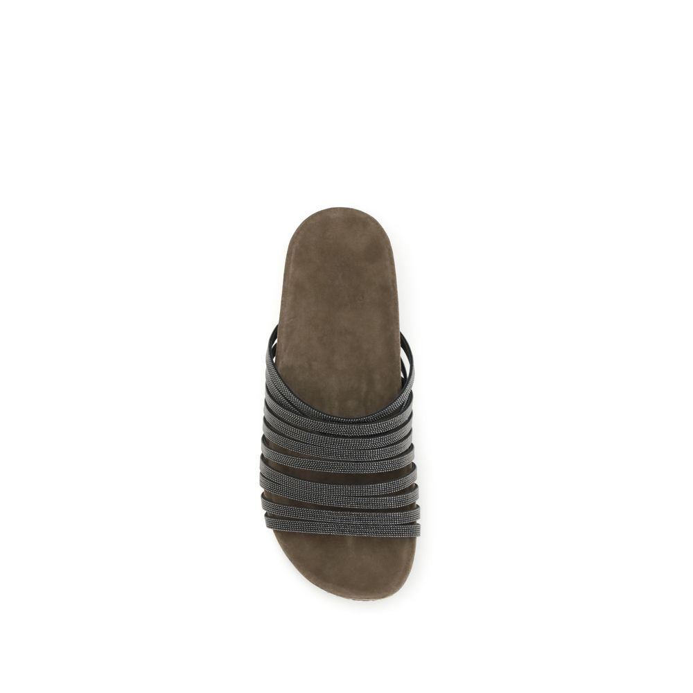 Brunello Cucinelli Black Calf Leather Flat Sandals