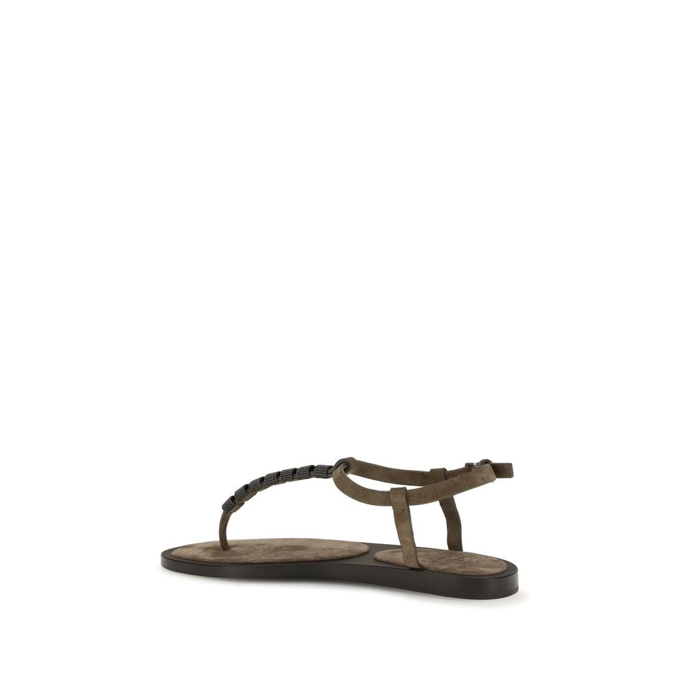 Brunello Cucinelli Brown Calf Leather Flat Sandals - Women