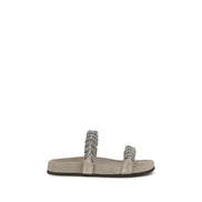 Brunello Cucinelli Gray Calf Leather Flat Sandals