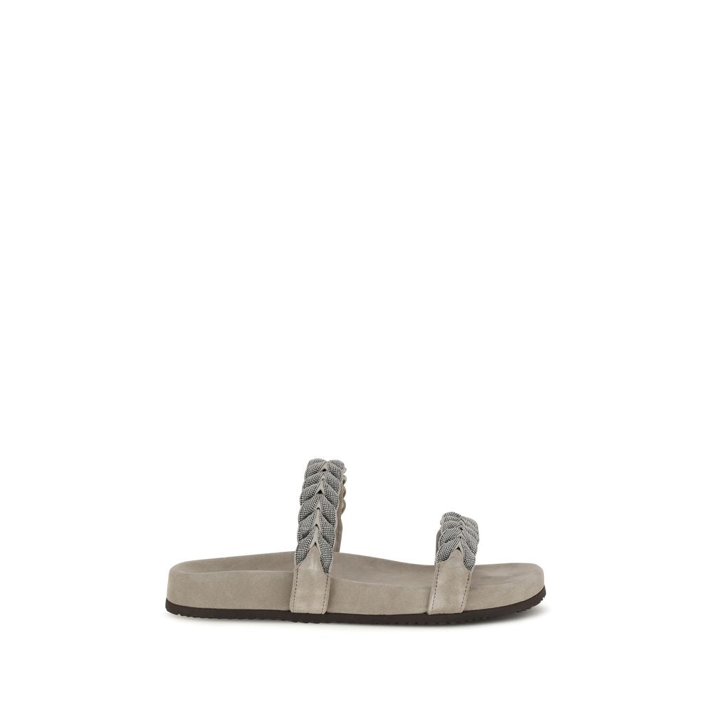 Brunello Cucinelli Gray Calf Leather Flat Sandals