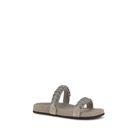 Brunello Cucinelli Gray Calf Leather Flat Sandals