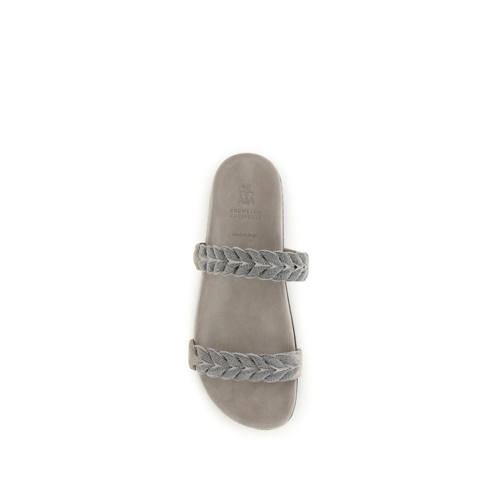 Brunello Cucinelli Gray Calf Leather Flat Sandals