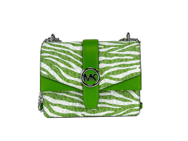 Borsa a tracolla con catena Michael Kors Greenwich piccola, con stampa logo, colore Jungle Green, €498