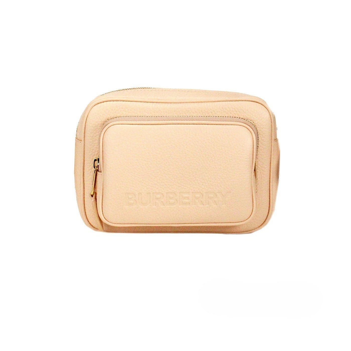 Sac bandoulière appareil photo Burberry en cuir grainé rose pêche, petit modèle, avec logo