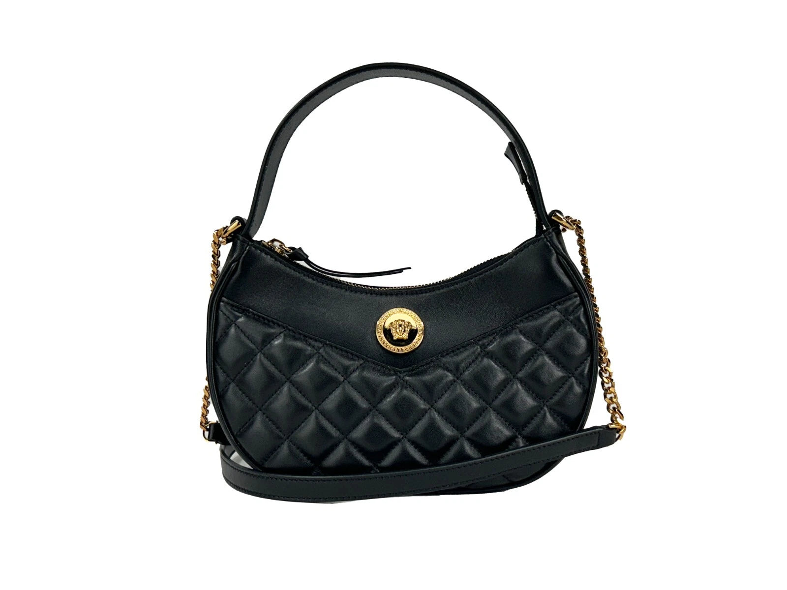 Sac bandoulière Versace en cuir matelassé noir avec chaîne, forme demi-lune