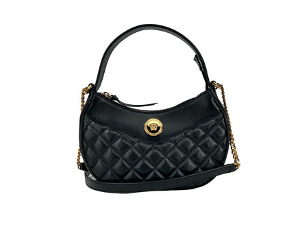 Sac bandoulière Versace en cuir matelassé noir avec chaîne, forme demi-lune