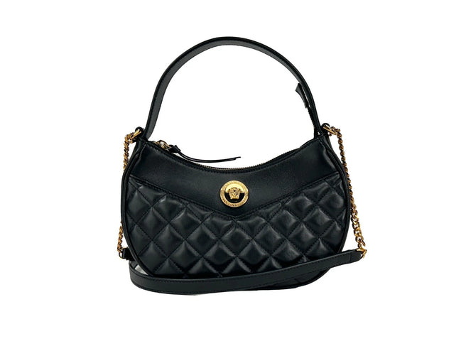 Sac bandoulière Versace en cuir matelassé noir avec chaîne, forme demi-lune