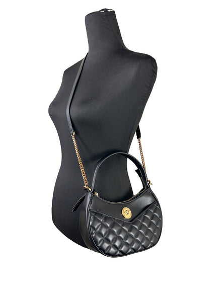 Sac bandoulière Versace en cuir matelassé noir avec chaîne, forme demi-lune