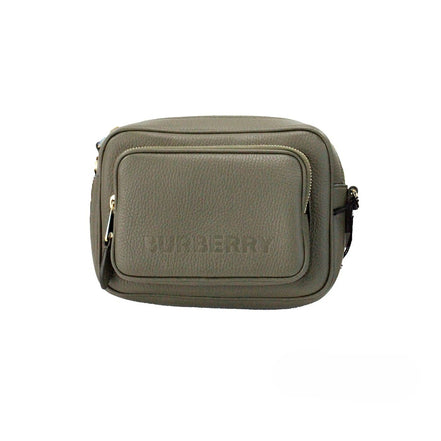 Borsa a tracolla con fotocamera piccola Burberry in pelle martellata verde felce scuro con marchio
