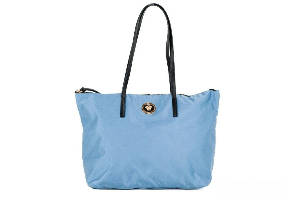 Sac fourre-tout Versace Portuna Medusa en nylon et cuir, bleu pervenche, taille moyenne