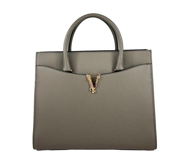 Borsa Tote con Manico Grande in Pelle Versace Virtus Grigia