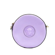 Borsa a tracolla con custodia per fotocamera Versace Round Disco in pelle martellata lilla