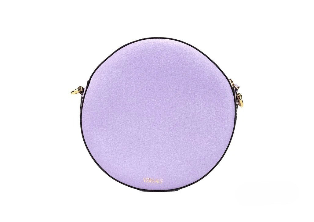 Borsa a tracolla con custodia per fotocamera Versace Round Disco in pelle martellata lilla