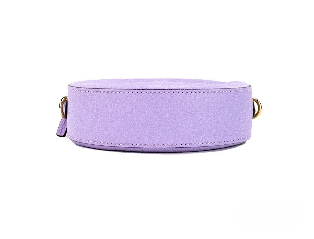 Borsa a tracolla con custodia per fotocamera Versace Round Disco in pelle martellata lilla