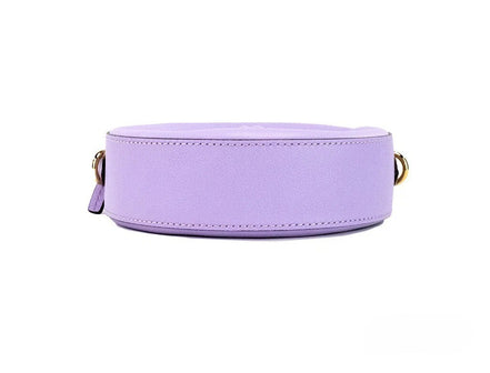Borsa a tracolla con custodia per fotocamera Versace Round Disco in pelle martellata lilla