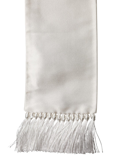 Dolce & Gabbana White Satin Silk Fringed Stole Scarf