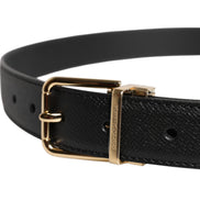 Dolce & Gabbana Black Grained Leather Gold Metal Buckle Belt