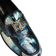 Dolce & Gabbana Metallic Blue Silver Leather Loafers