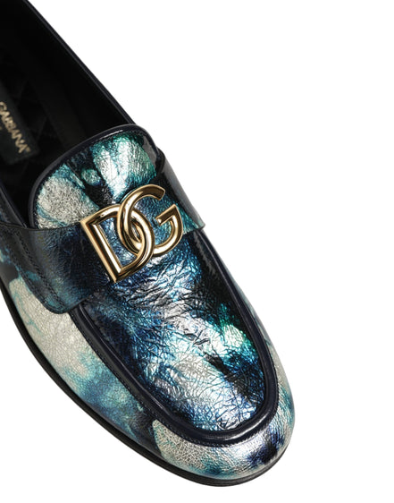 Dolce & Gabbana Metallic Blue Silver Leather Loafers