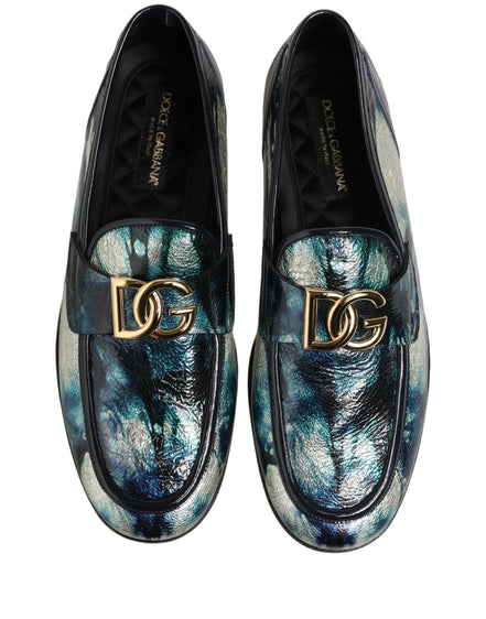 Dolce & Gabbana Metallic Blue Silver Leather Loafers