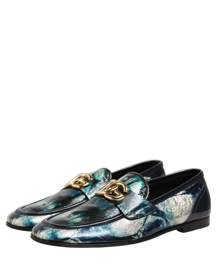 Dolce & Gabbana Metallic Blue Silver Leather Loafers
