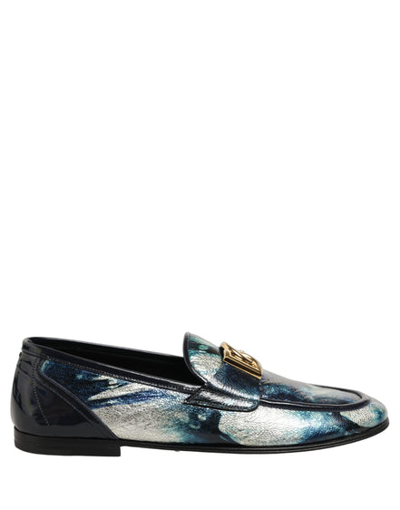 Dolce & Gabbana Metallic Blue Silver Leather Loafers
