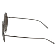 Side view of round metal frame sunglasses with thin silver temples