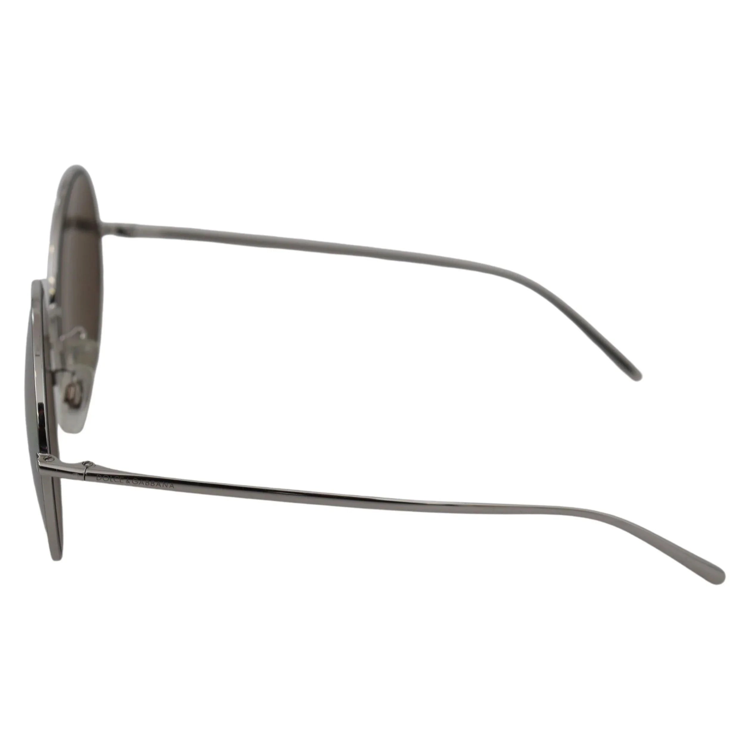 Side view of round metal frame sunglasses with thin silver temples