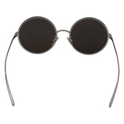 Round black lens sunglasses with thin silver metal frame on white background