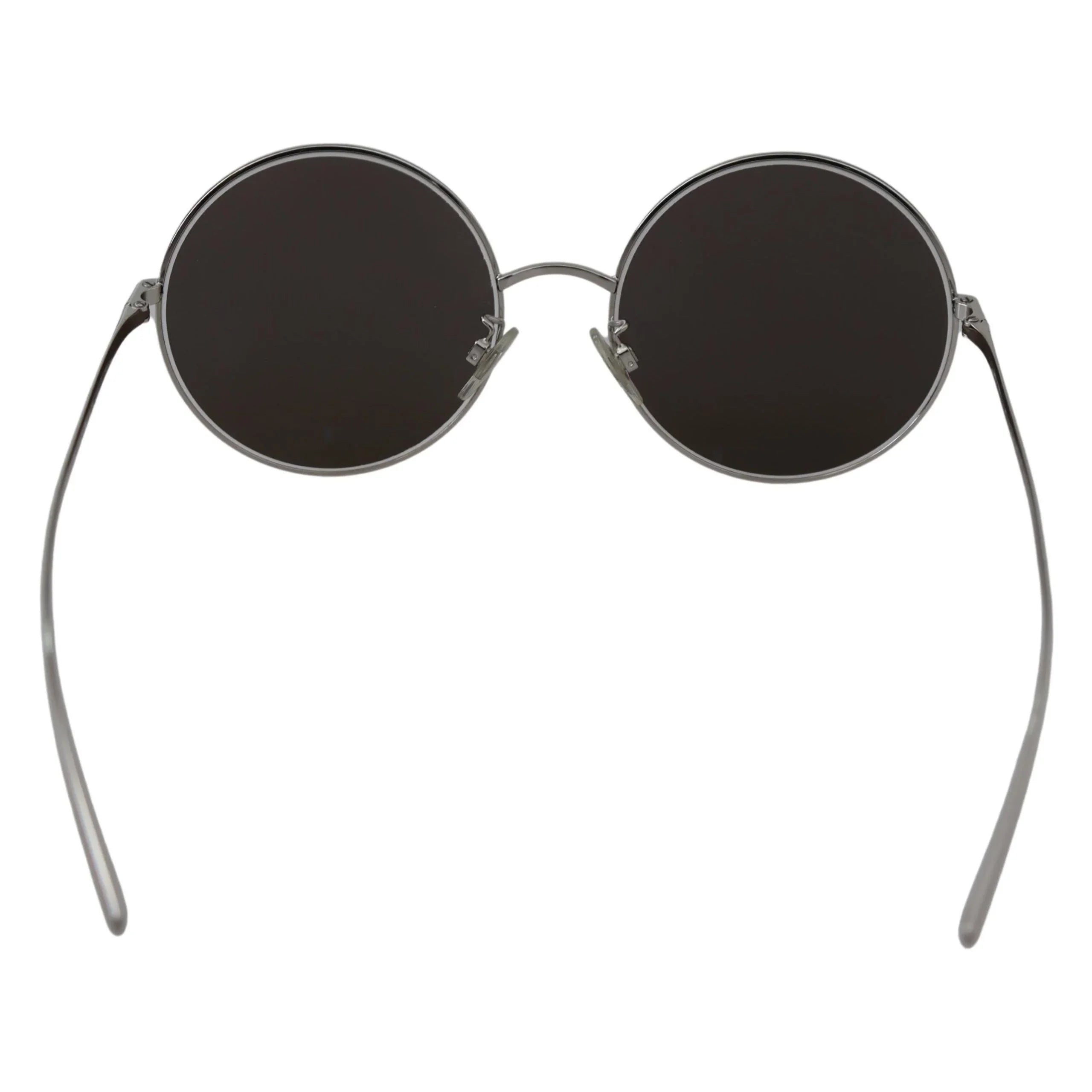 Round black lens sunglasses with thin silver metal frame on white background