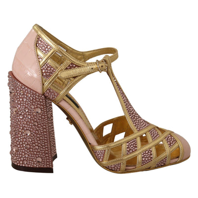 Dolce & Gabbana Pink Gold Leather Crystal T-Strap Pumps