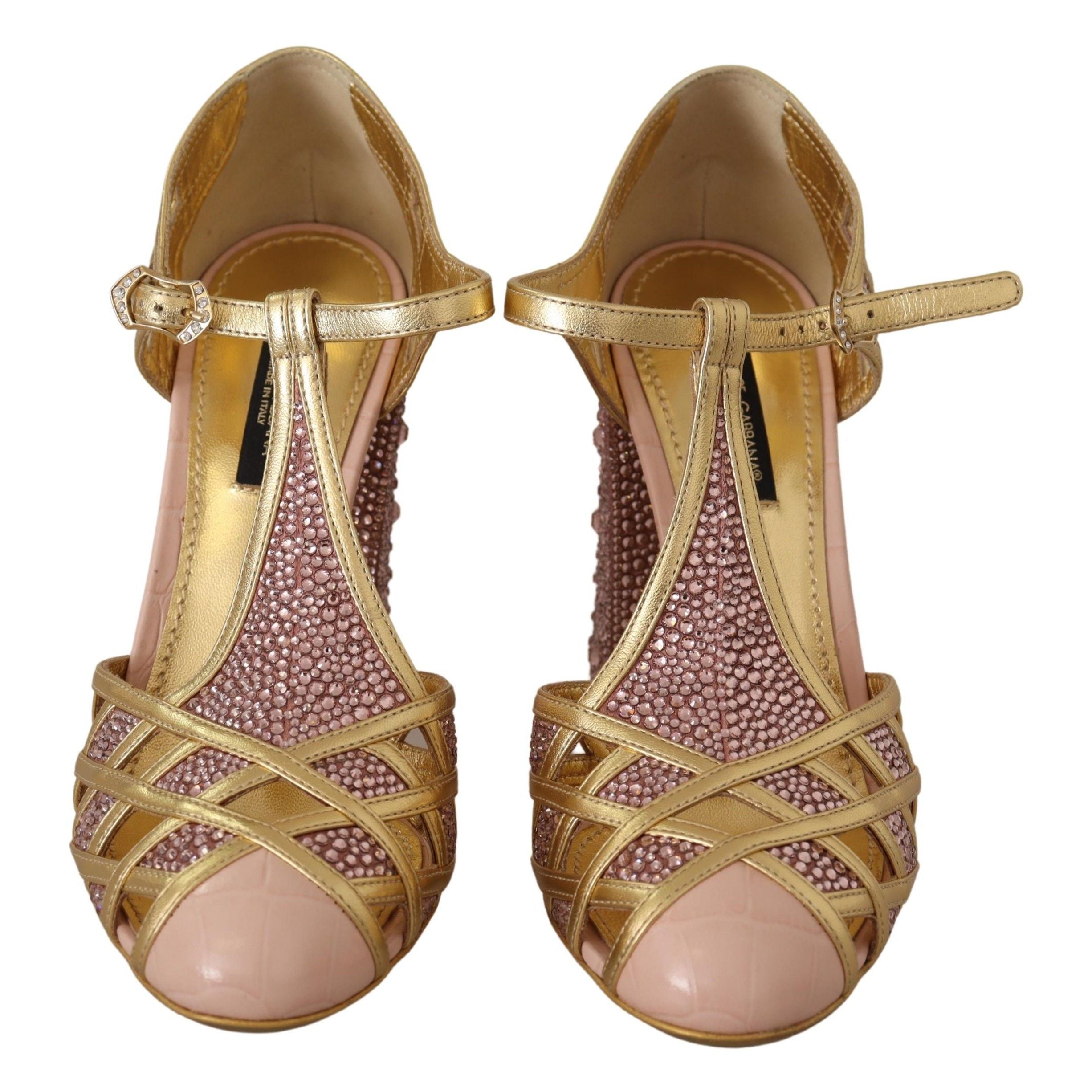 Escarpins T-strap Dolce & Gabbana en cuir rose doré et cristaux