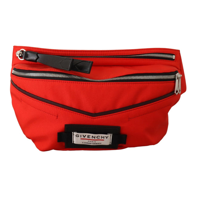Red Givenchy belt bag with black trim, silver zippers, and front logo label.