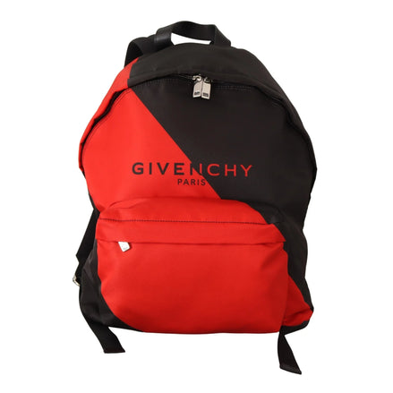 Red and black Givenchy Paris designer backpack with front zip pocket and bold logo
