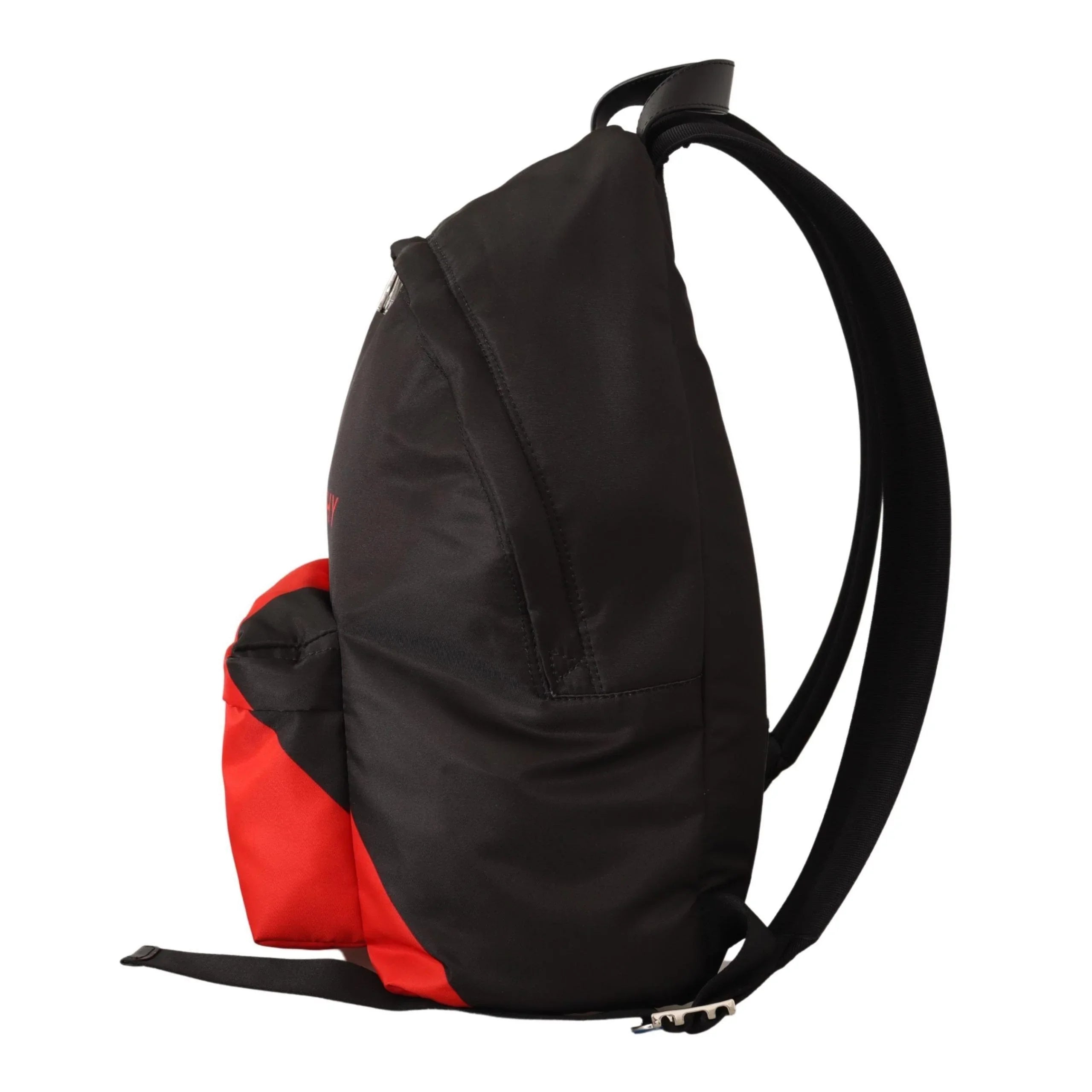 Black and red designer backpack side view with adjustable straps on white background